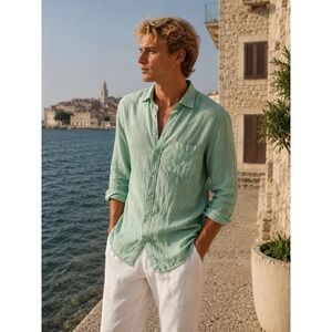 M&S Pure Linen Shirt Mens 2XL Sage Green Long Sleeve Button‎ Down Casual NWOT